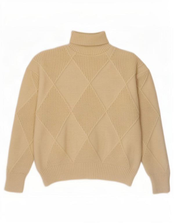 Maglione maglione vintage da donna con collo alto UK 16 grande beige a rombi/diamante