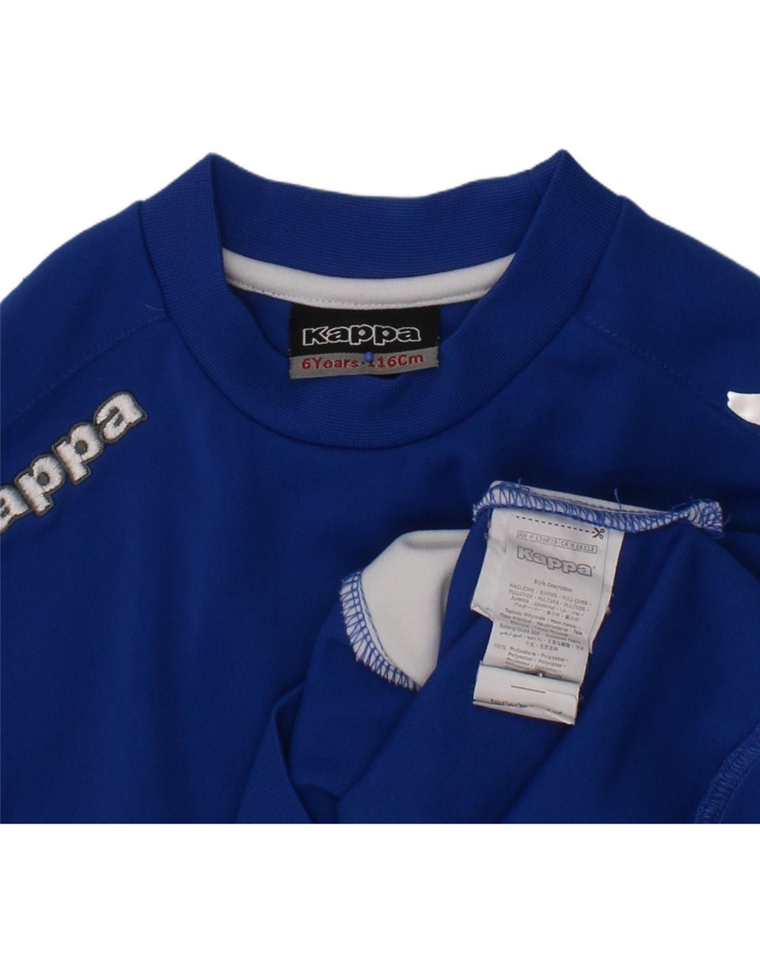 KAPPA Boys Graphic Sweatshirt Jumper 5-6 Years Blue Colourblock Polyester Vintage Kappa and Second-Hand Kappa from Messina Hembry 