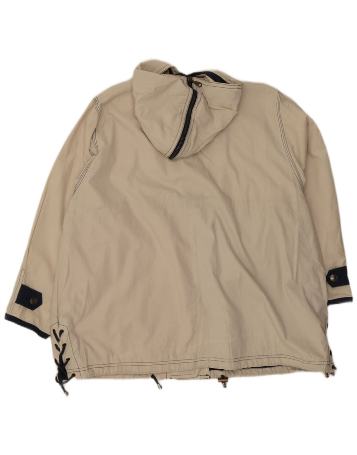 Giacca antipioggia oversize con cappuccio da donna vintage UK 8 piccola in poliestere bianco sporco