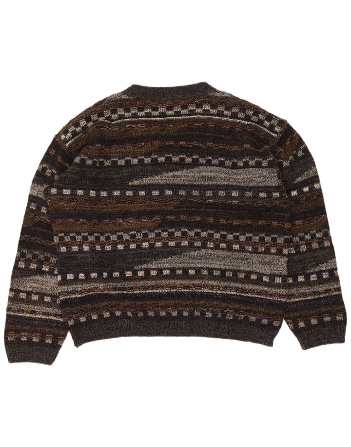 Maglione vintage da uomo con scollo a V, grande lana geometrica grigia