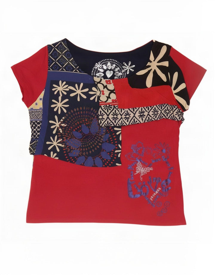 Desigual T-shirt grafica da donna Top UK 16 Large Red Patchwork