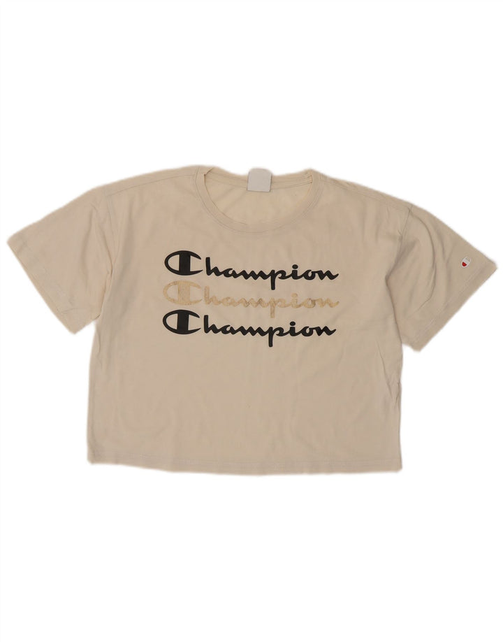CHAMPION T-shirt corta con grafica oversize da donna UK 10 piccola bianco sporco