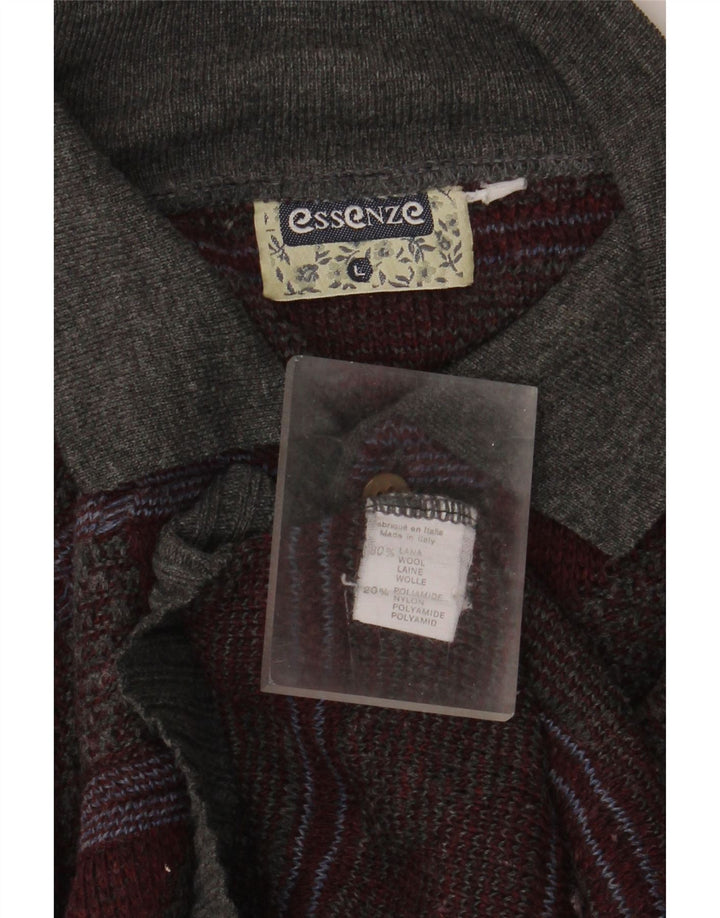 Maglione vintage da uomo con collo a polo, grande lana geometrica grigia