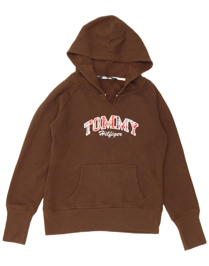 TOMMY HILFIGER Maglione con cappuccio grafico oversize da donna UK 10 piccolo marrone
