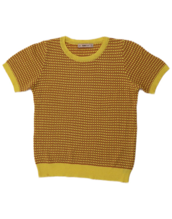 Maglione ZARA da donna girocollo corto UK 8 piccolo giallo geometrico