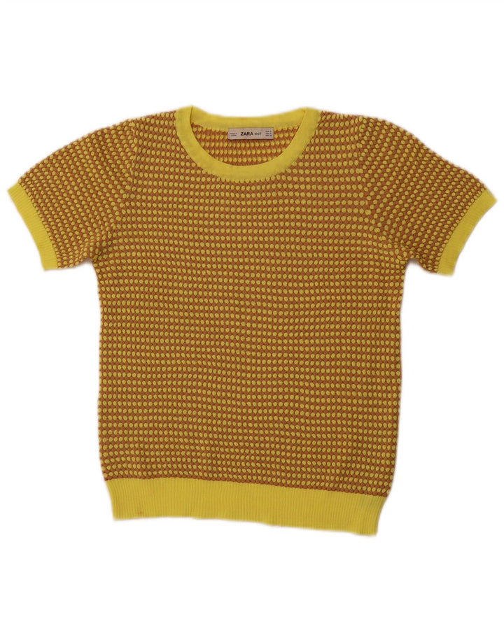Maglione ZARA da donna girocollo corto UK 8 piccolo giallo geometrico