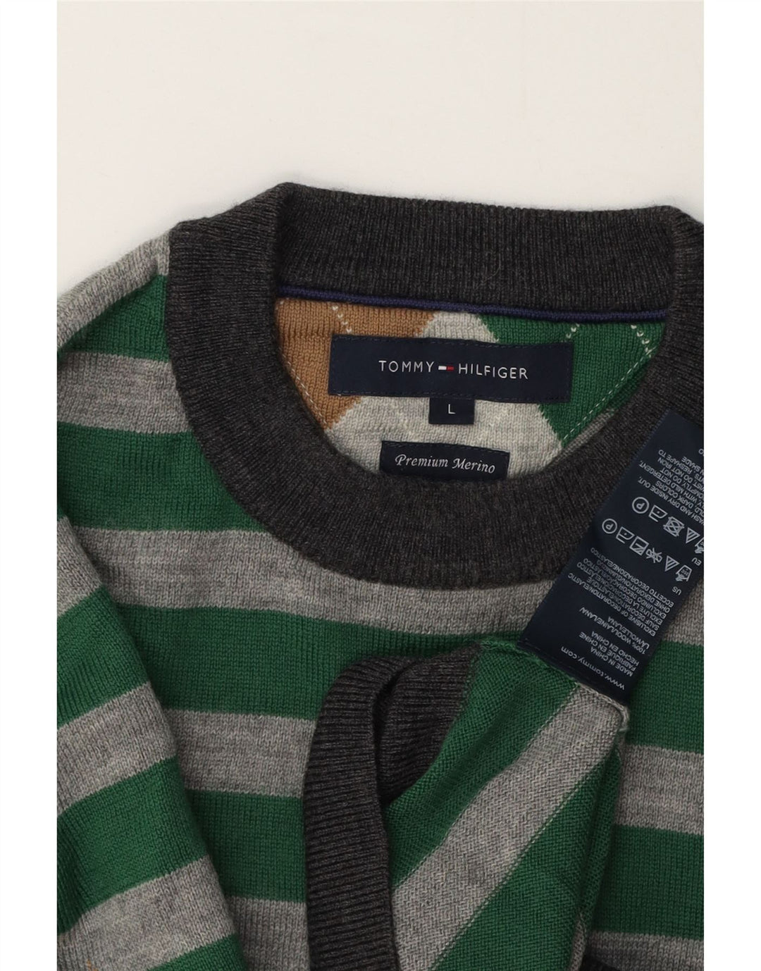 Tommy Hilfiger Uomo Maglione Girocollo Maglione di Lana a Righe Verdi Grandi