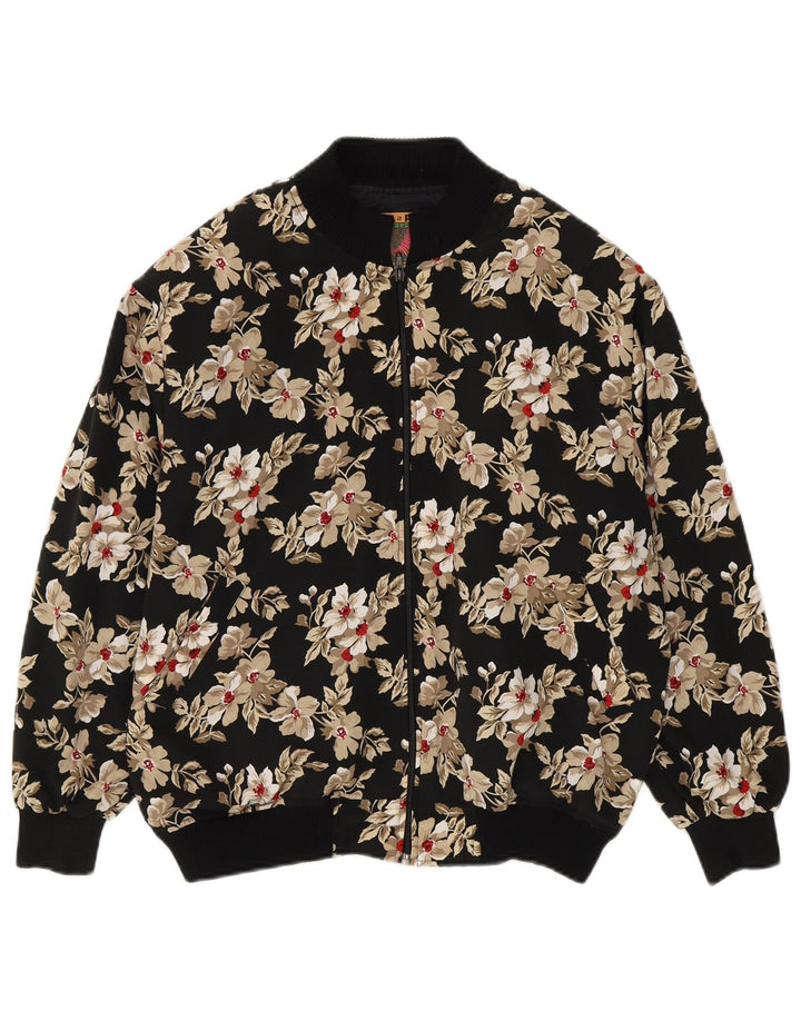 Giubbotto bomber vintage da donna vestibilità ampia UK 14 poliestere floreale nero medio