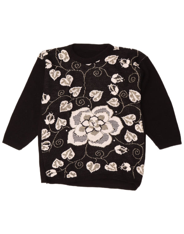 Maglione maglione girocollo da donna vintage UK 16 grande floreale nero