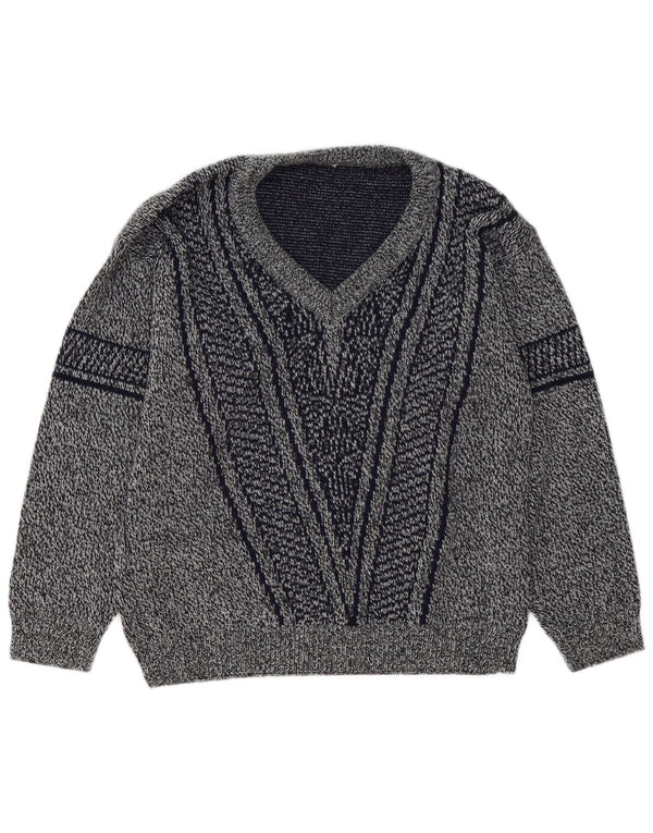 Maglione vintage da uomo con scollo a V a righe blu navy medio