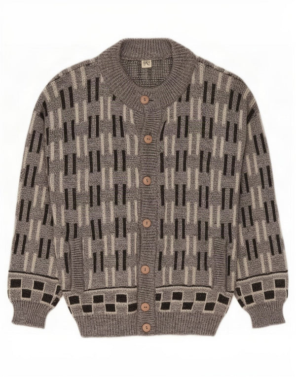 Vintage Mens Cardigan Sweater Large Grey Geometric Wool