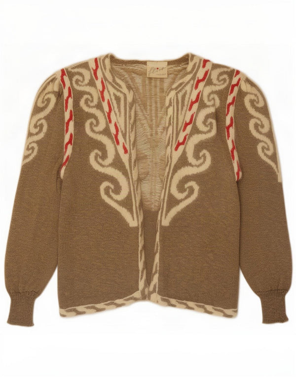 Maglione cardigan aperto da donna vintage UK 16 grande marrone Paisley