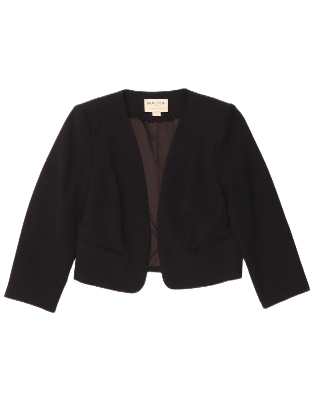 Monsoon Giacca da donna corta aperta blazer UK 10 piccola poliestere nero