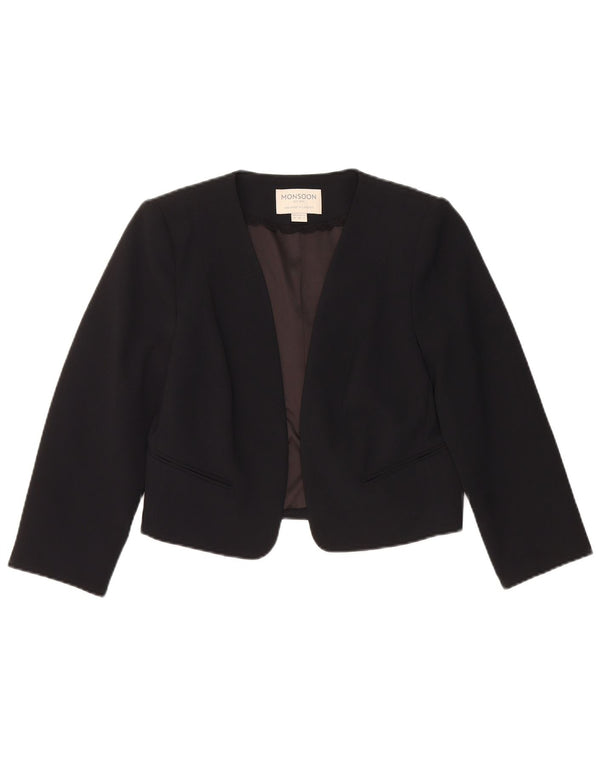 Monsoon Giacca da donna corta aperta blazer UK 10 piccola poliestere nero