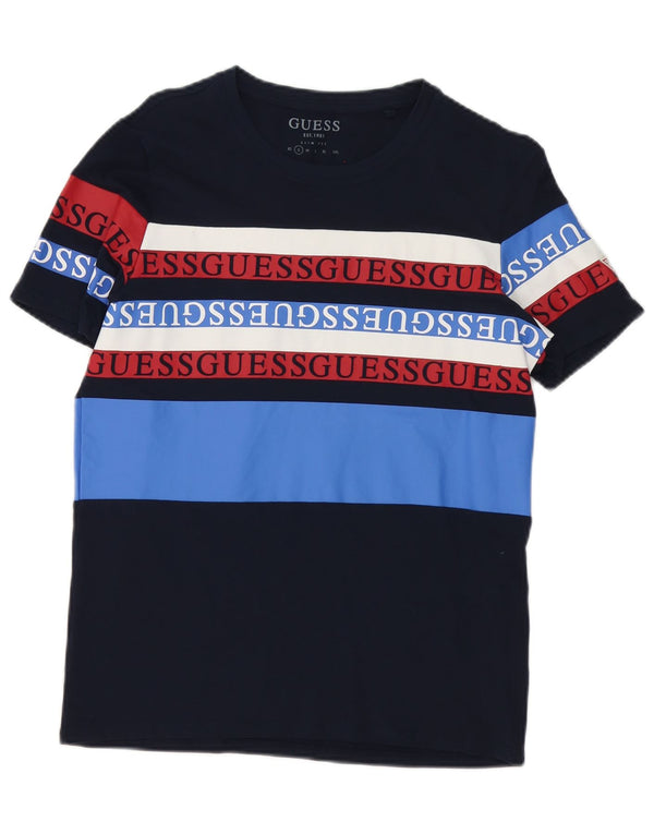 Guess T-shirt grafica da uomo slim fit Top Small in cotone color block blu navy
