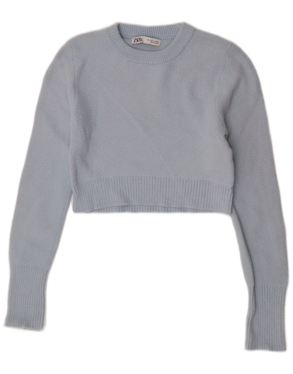 Maglione corto girocollo da donna Zara UK 10 piccolo nylon blu