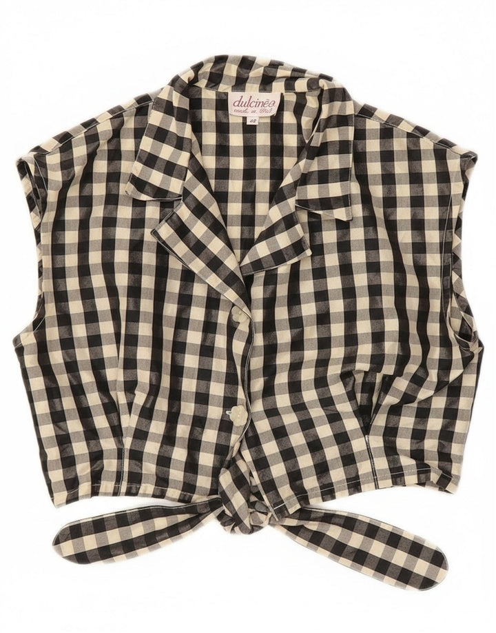 Camicetta corta da donna vintage senza maniche IT 42 a quadretti neri medi