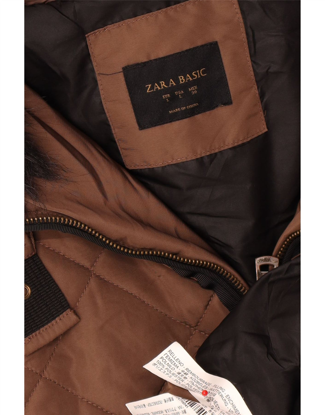 Cappotto imbottito con cappuccio da donna Zara UK 16 grande poliestere marrone