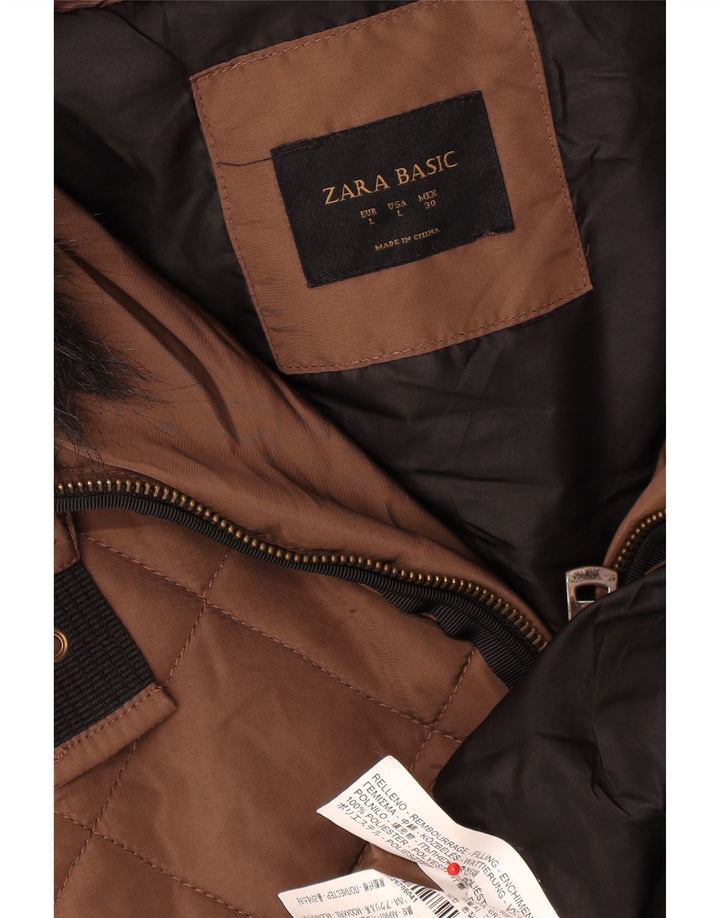 Cappotto imbottito con cappuccio da donna Zara UK 16 grande poliestere marrone