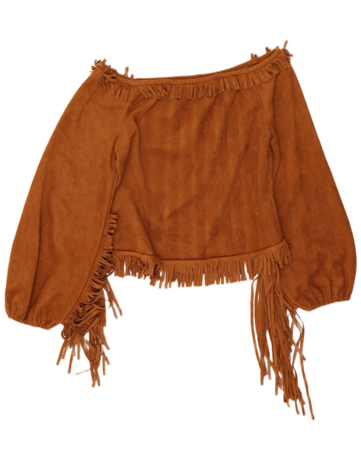 Top corto da donna vintage con spalle scoperte UK 12 Poliestere marrone medio