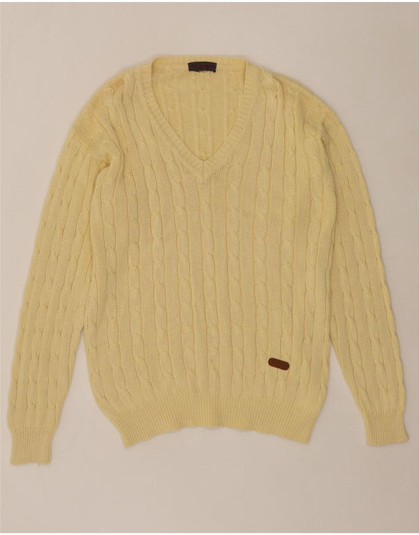 CACHAREL Mens V-Neck Jumper Sweater Large Yellow Cotton