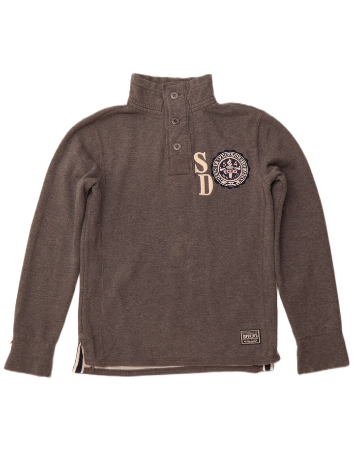 SUPERDRY Mens Graphic Button Neck Sweatshirt Jumper Medium Grey Cotton