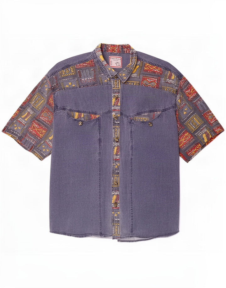 Camicia vintage da uomo a maniche corte XL Blu Patchwork Retro