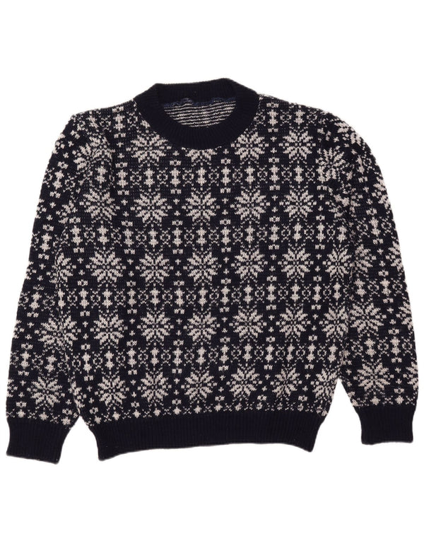 Vintage Mens Crew Neck Jumper Sweater Large Navy Blue Fair Isle