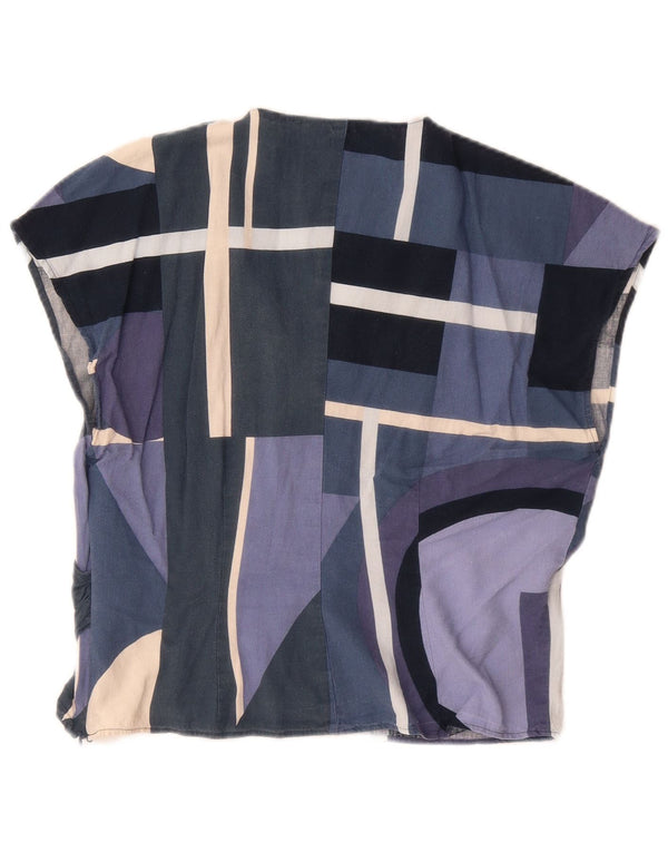 Zara camicetta da donna UK 46 grande lino geometrico blu navy