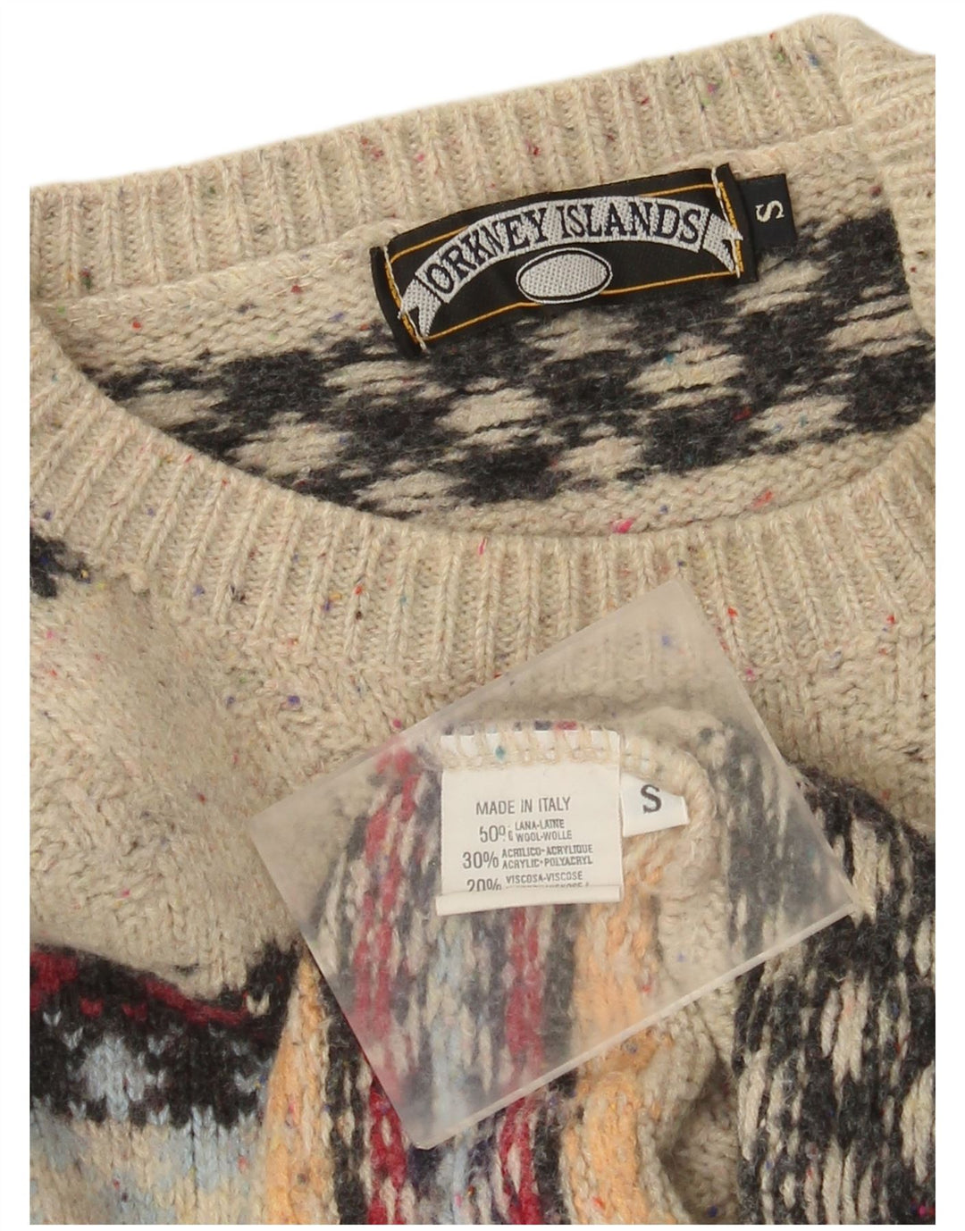 Maglione girocollo da uomo vintage in lana Fair Isle beige piccolo