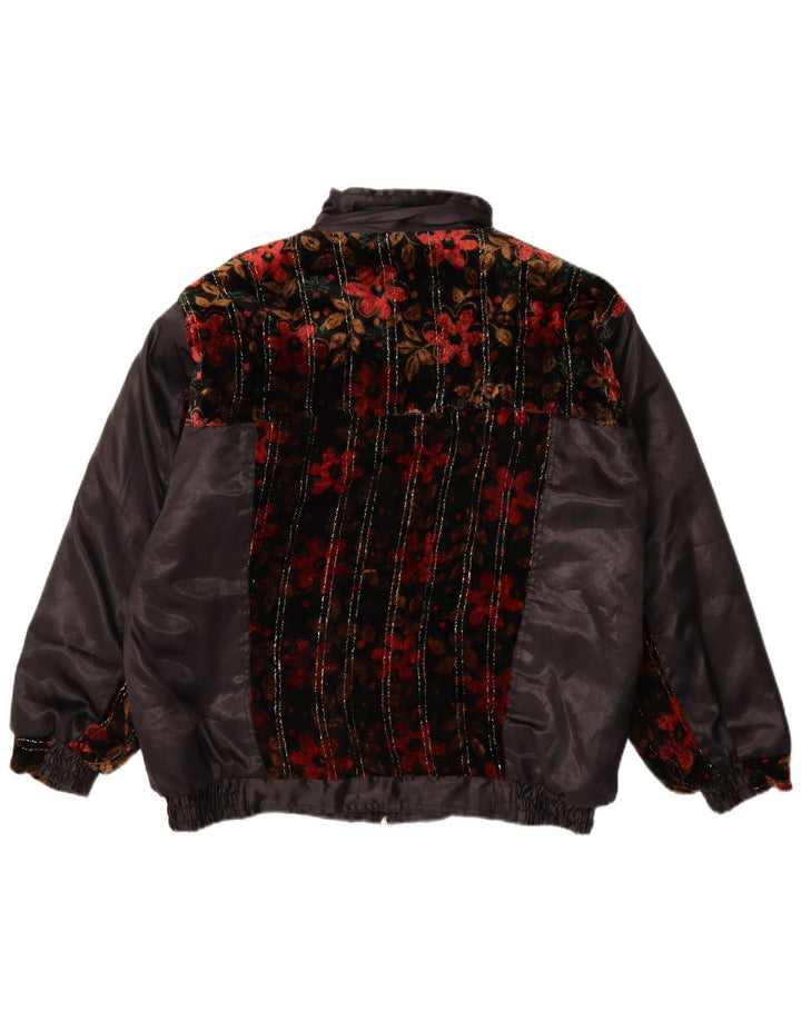 Giacca imbottita vintage da donna UK 18 XL nera floreale