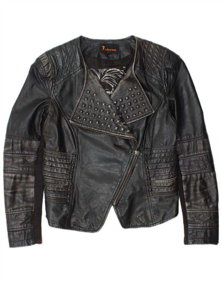 Giacca da motociclista in pelle corta da donna vintage IT 40 piccola in pelle nera