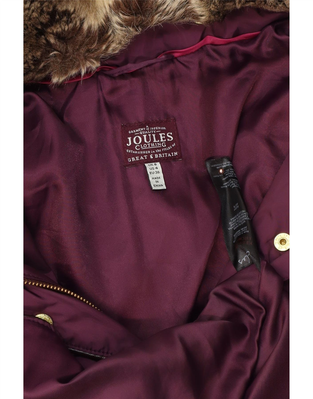 JOULES Cappotto imbottito oversize con cappuccio da donna UK 8 piccolo poliestere viola