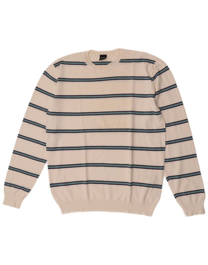 Hugo Boss Maglione girocollo da uomo in cotone a righe bianche medie