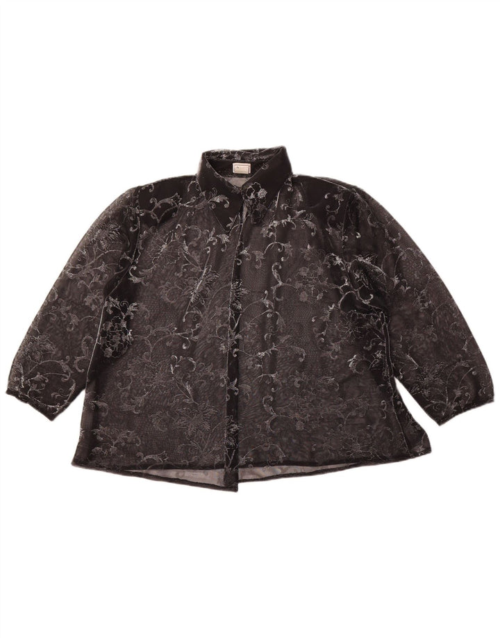 Camicetta camicia a maniche 3/4 da donna VINTAGE UK 14 medio nero floreale