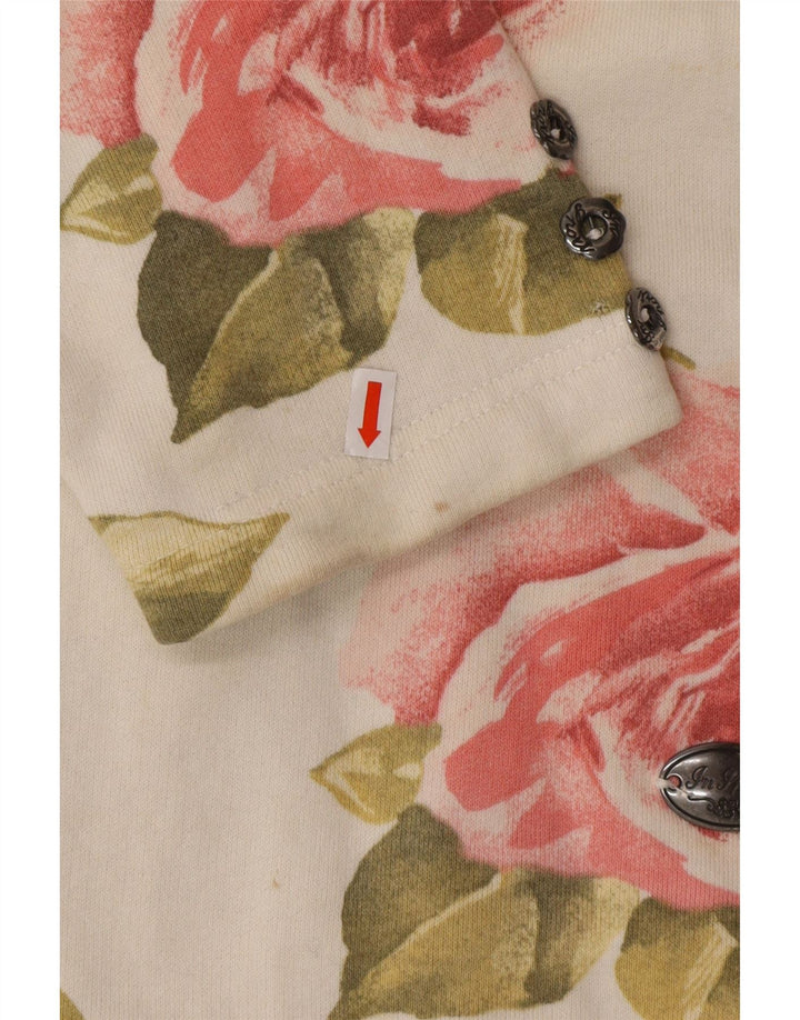 Top da donna VINTAGE a maniche lunghe UK 16 grande cotone floreale bianco sporco