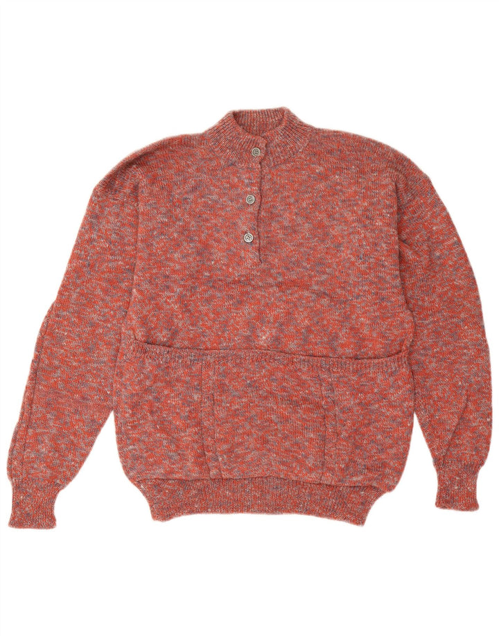 Maglione vintage da donna con collo a bottoni UK 14 Grande rosso chiazzato