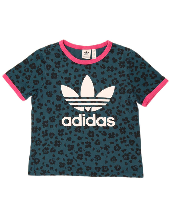 T-shirt grafica da donna ADIDAS Top UK 8 piccolo cotone verde con stampa animalier