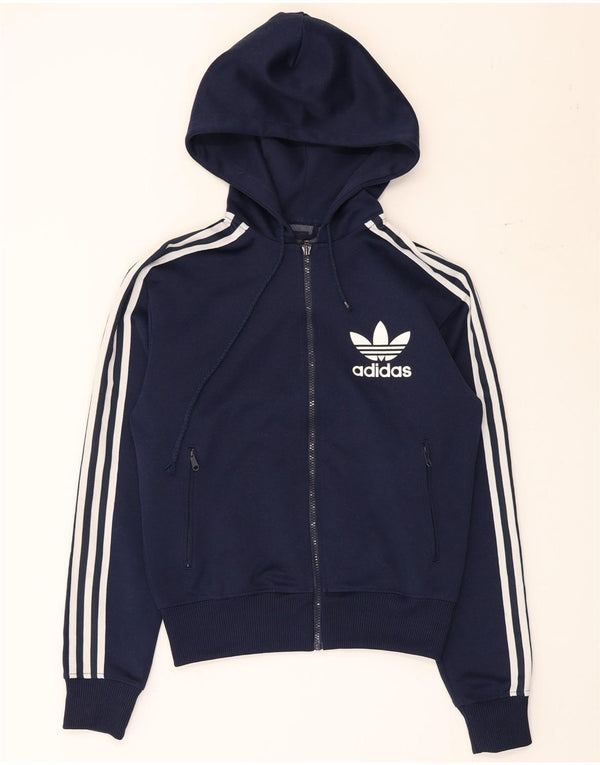 Maglione con cappuccio e zip grafica da donna Adidas UK 10 Small Poliestere blu navy