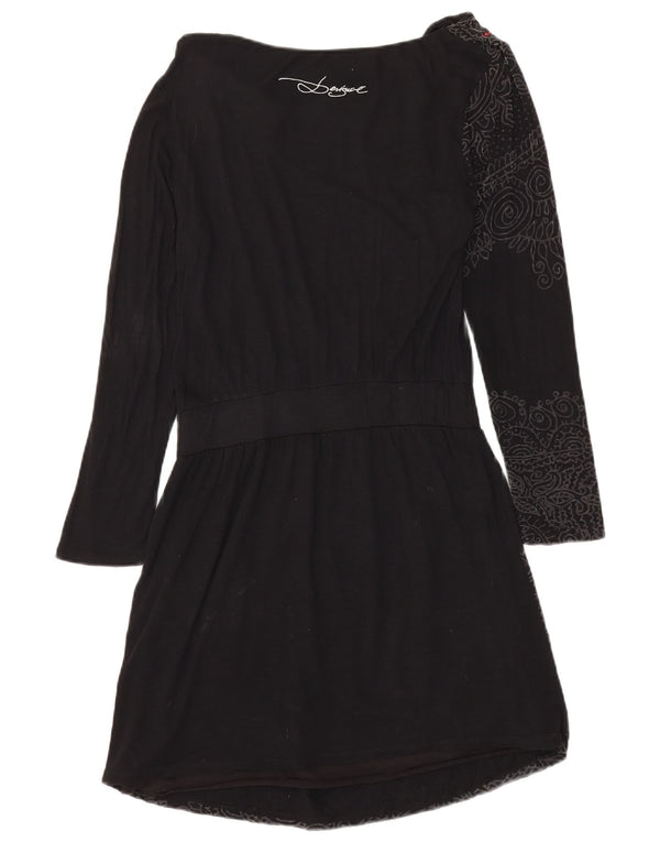 DESIGUAL Abito a trapezio con grafica a maniche lunghe da donna UK 14 Grande motivo floreale nero
