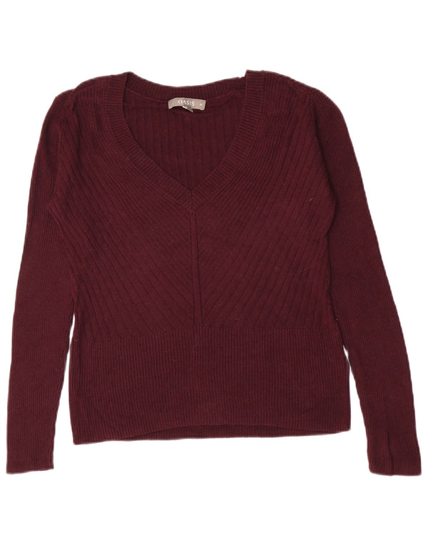 Maglione corto con scollo a V da donna Oasis UK 12 Viscosa bordeaux medio