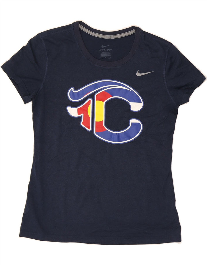 NIKE Womens Dri Fit Graphic T-Shirt Top UK 14 Medium Navy Blue Polyester Vintage Nike and Second-Hand Nike from Messina Hembry 