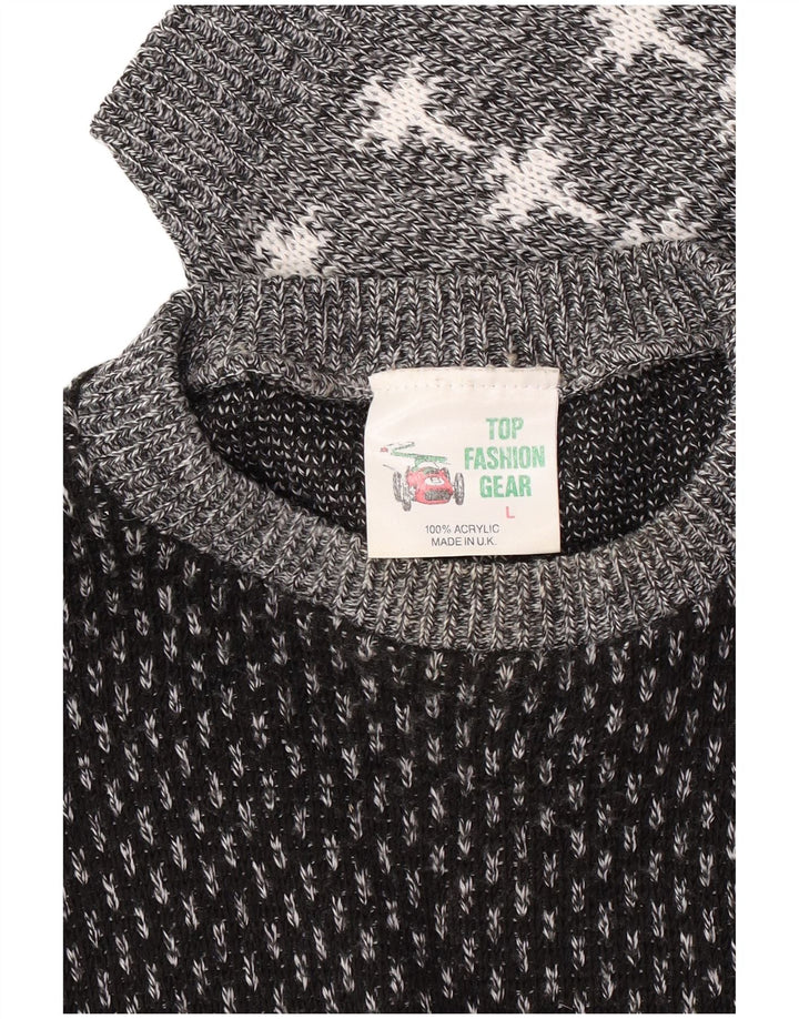 Maglione girocollo da uomo vintage in acrilico grande grigio Fair Isle