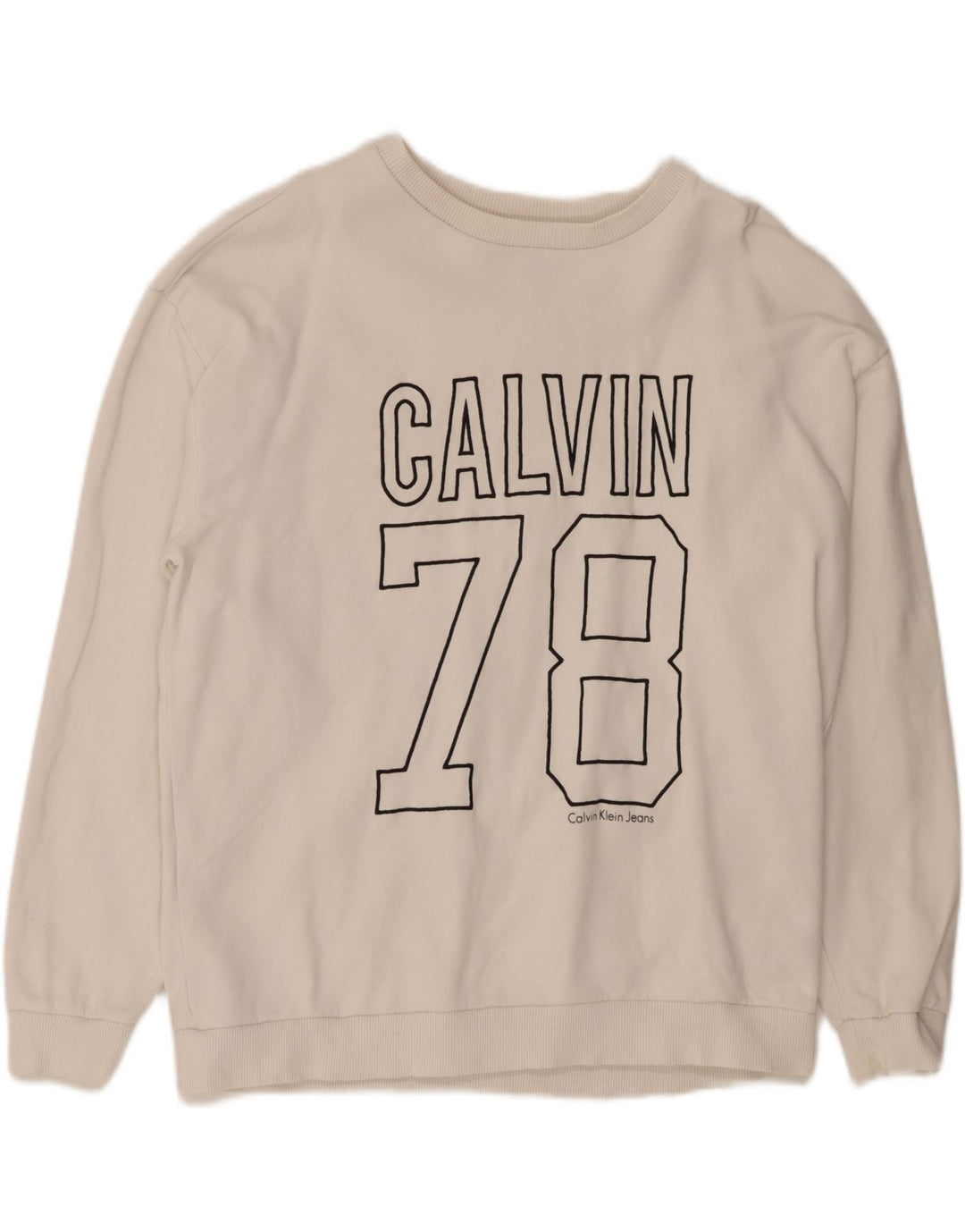 CALVIN KLEIN JEANS Mens Graphic Sweatshirt Jumper Large White Cotton Vintage Calvin Klein Jeans and Second-Hand Calvin Klein Jeans from Messina Hembry 
