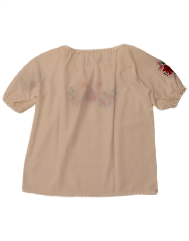 Top camicetta da donna VINTAGE UK 16 grande floreale bianco sporco