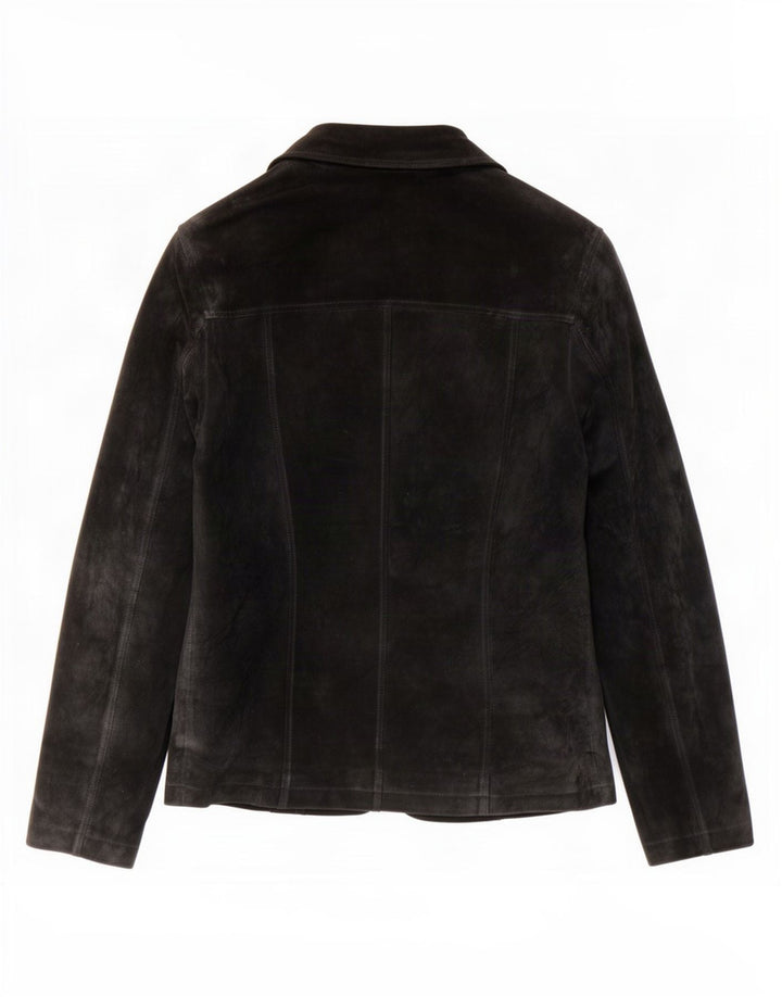 Giacca blazer vintage in pelle scamosciata da donna a 2 bottoni UK 10 piccola in pelle nera