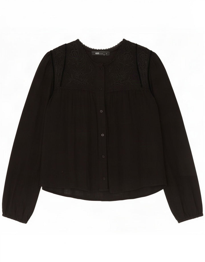 Zara camicia camicetta da donna UK 14 poliestere nero medio floreale