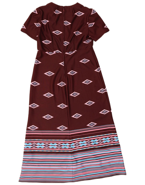 Abito lungo da donna vintage UK 10 piccolo bordeaux geometrico