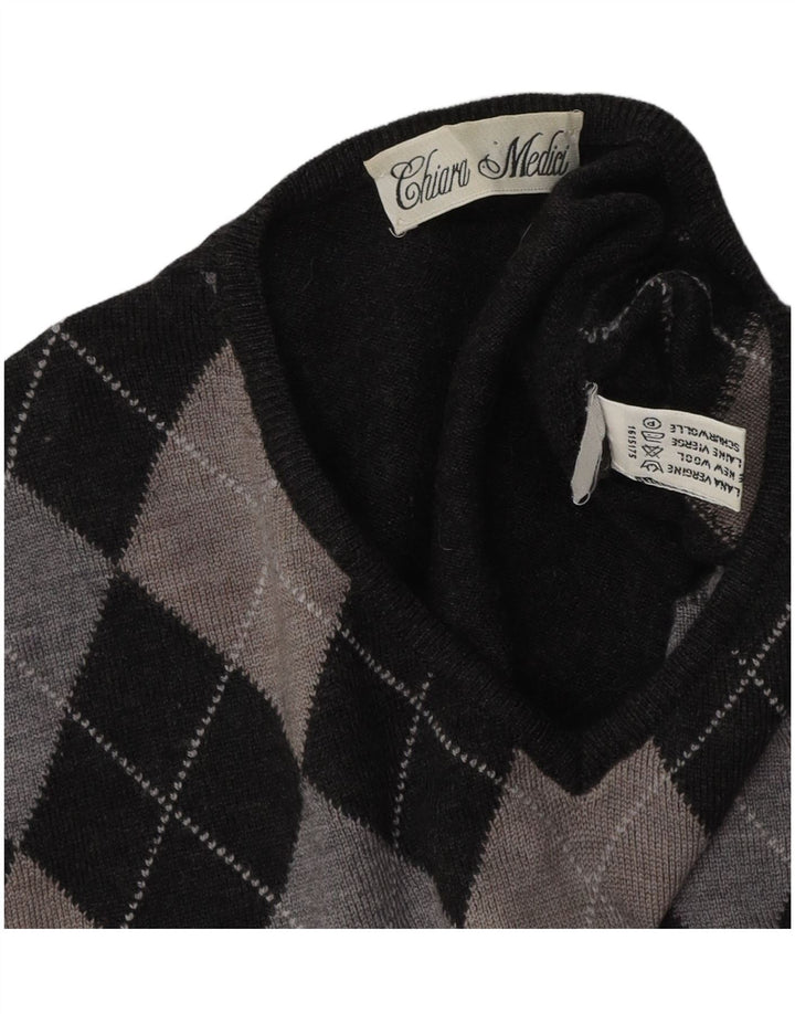 Maglione da donna VINTAGE con scollo a V UK 16 Large Grey Argyle/Diamond