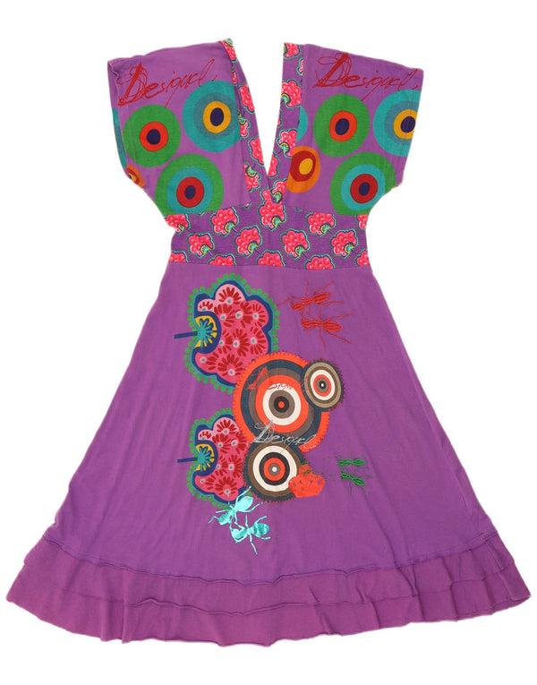 Desigual Abito impero con grafica a pipistrello da donna UK 12 Cotone viola medio